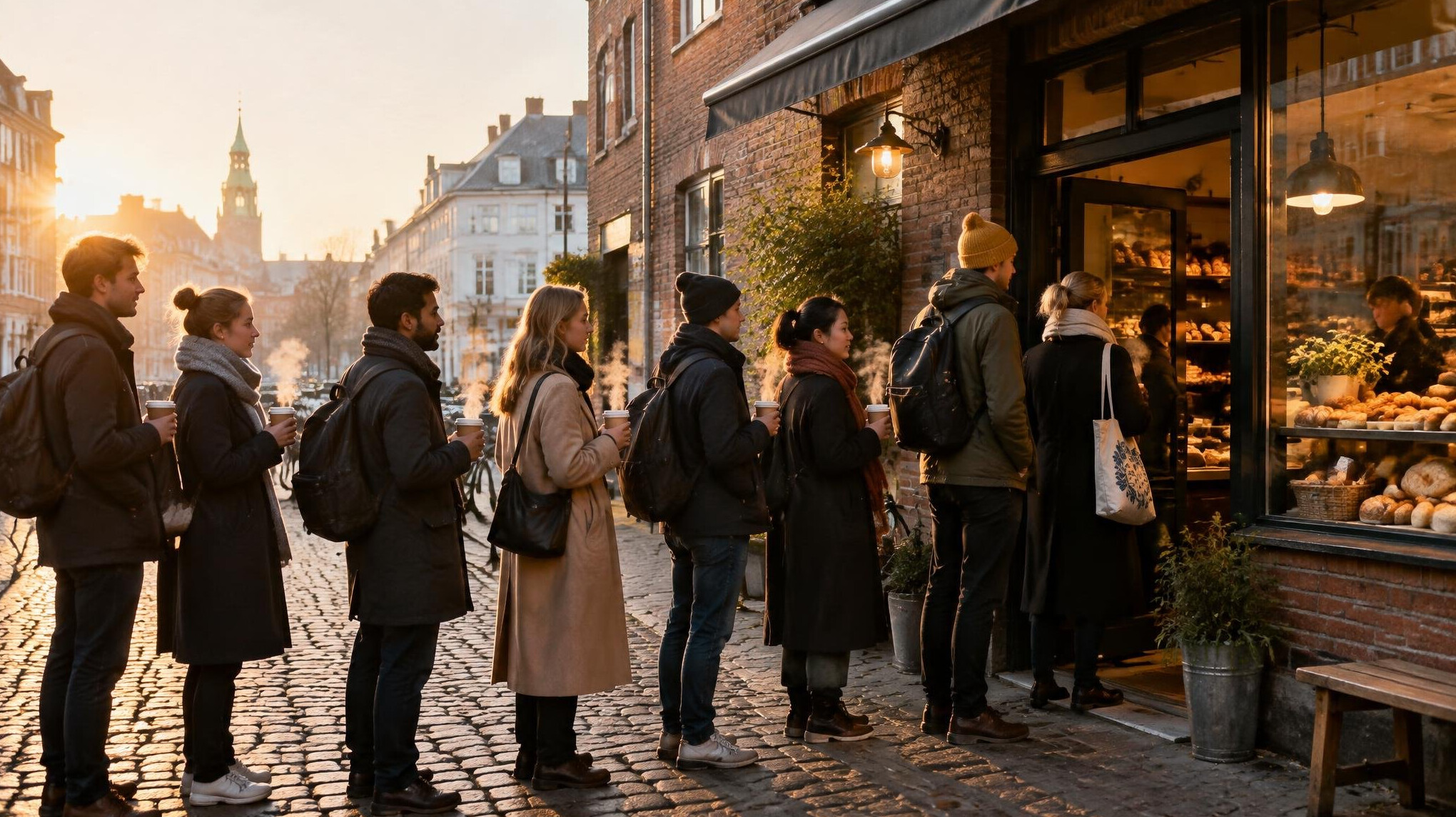 People queuing outside a bakery at sunrise in Copenhagen