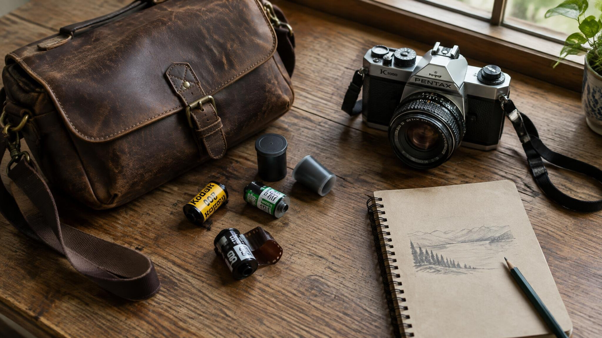 A photographer's camera bag and film rolls on a wooden table