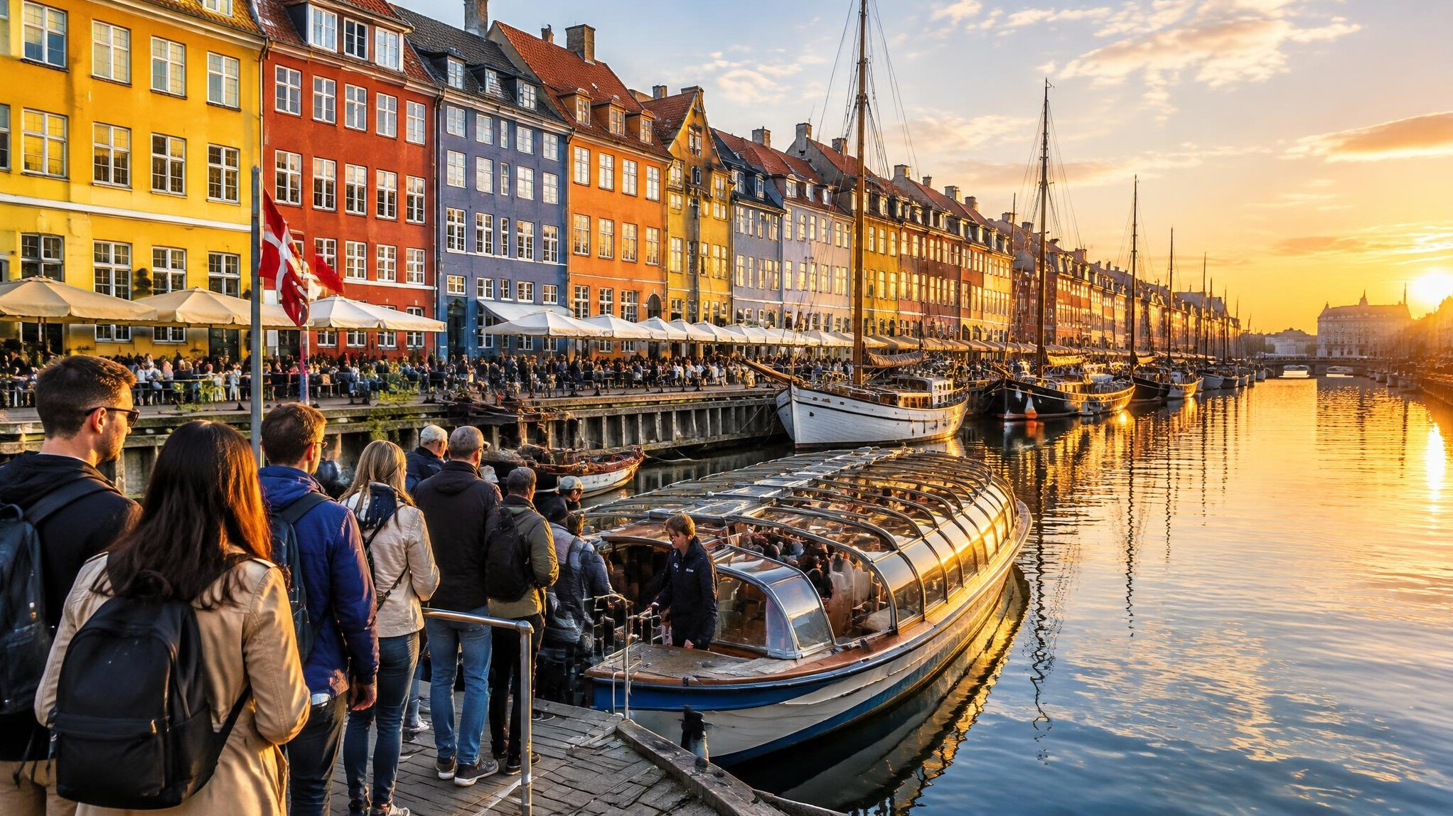 Tourists queuing along the colorful Nyhavn harbor in Copenhagen