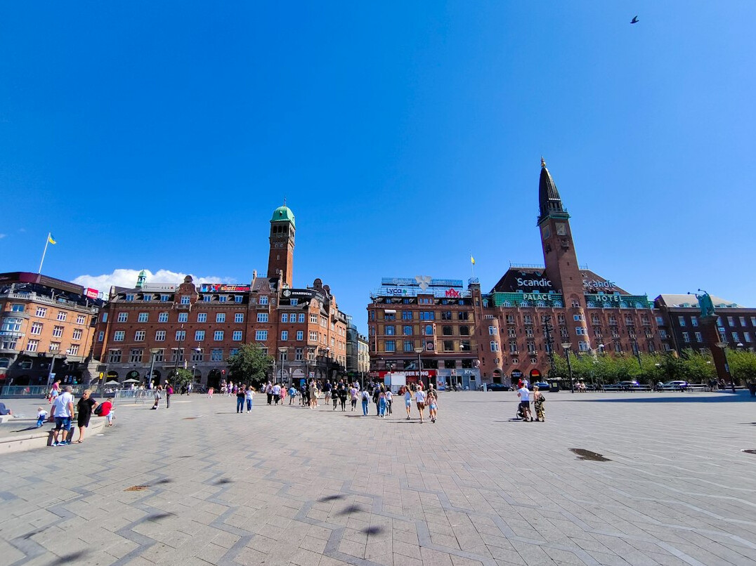 Silhouettes of a crowd queuing at dusk in a Danish city square
