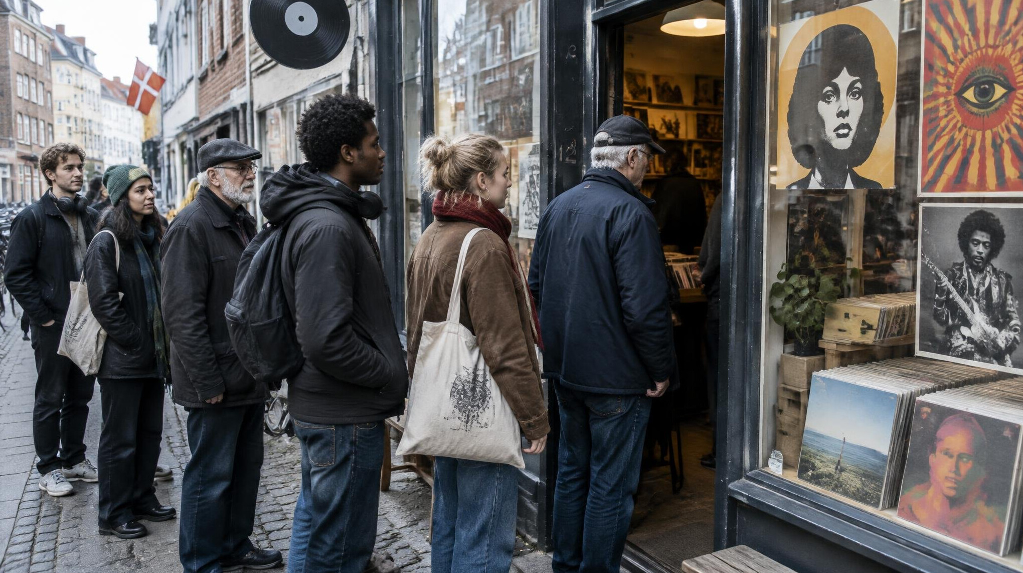 Customers queuing outside a small vinyl record store in Denmark