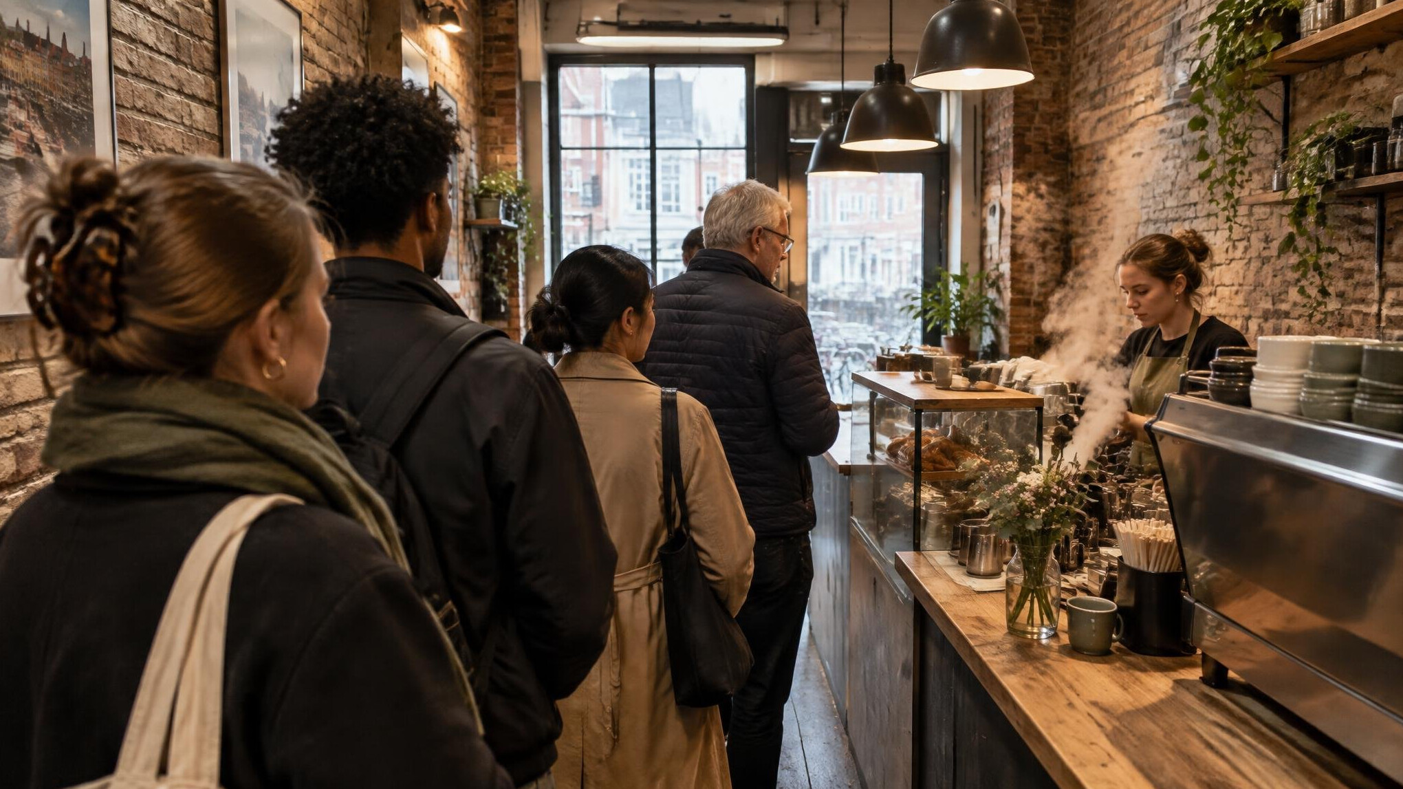 People queuing inside a small Copenhagen coffee shop