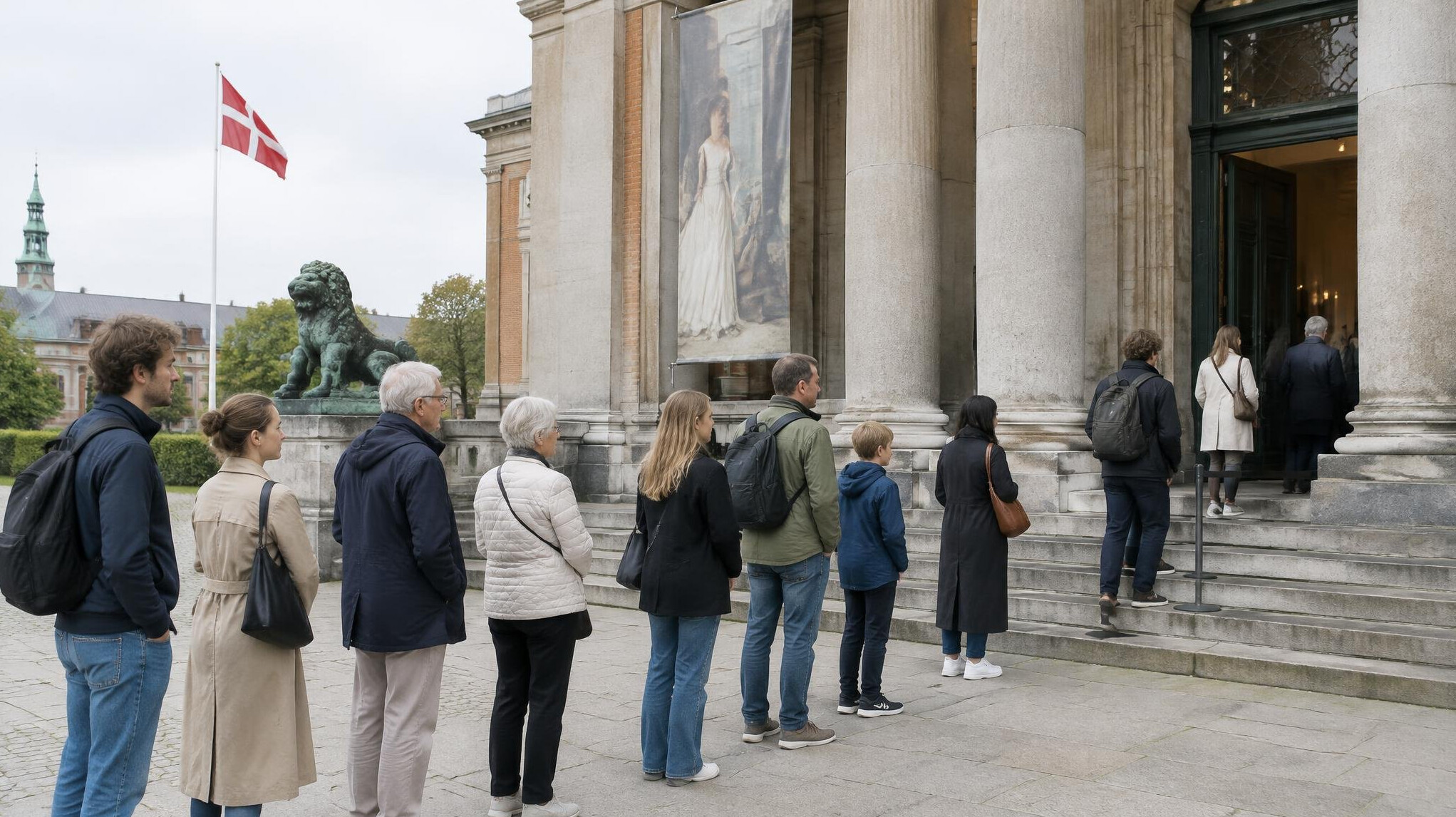 Visitors queuing outside a Danish art museum entrance